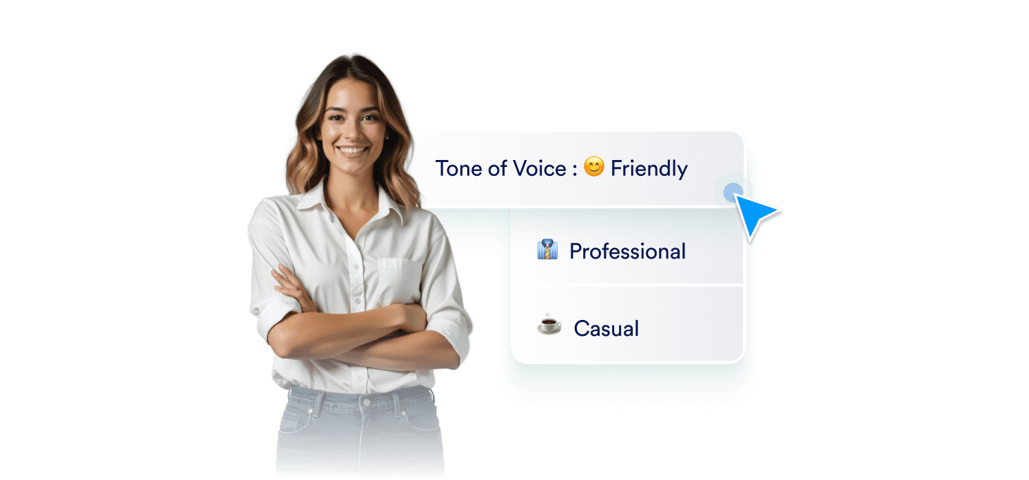 A woman smiling and next to her there a customization options for AI agents' tone of voice