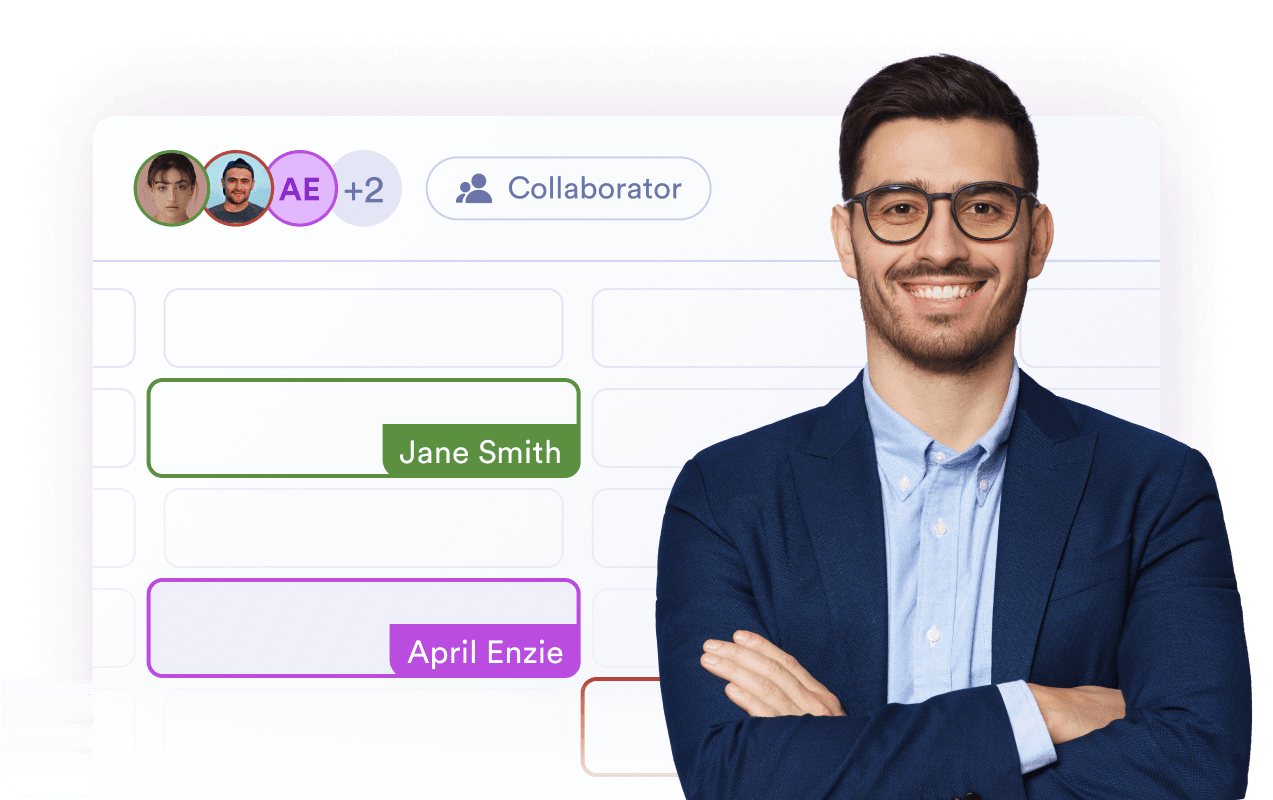Young man standing in front of an illustration of a Jotform table and smiling.