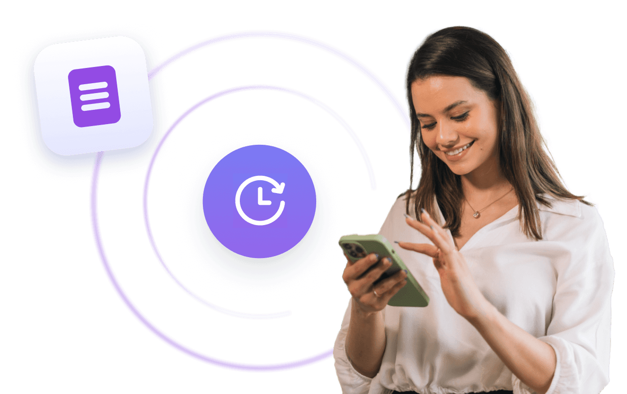 Woman looking at her phone with a time icon in the background.