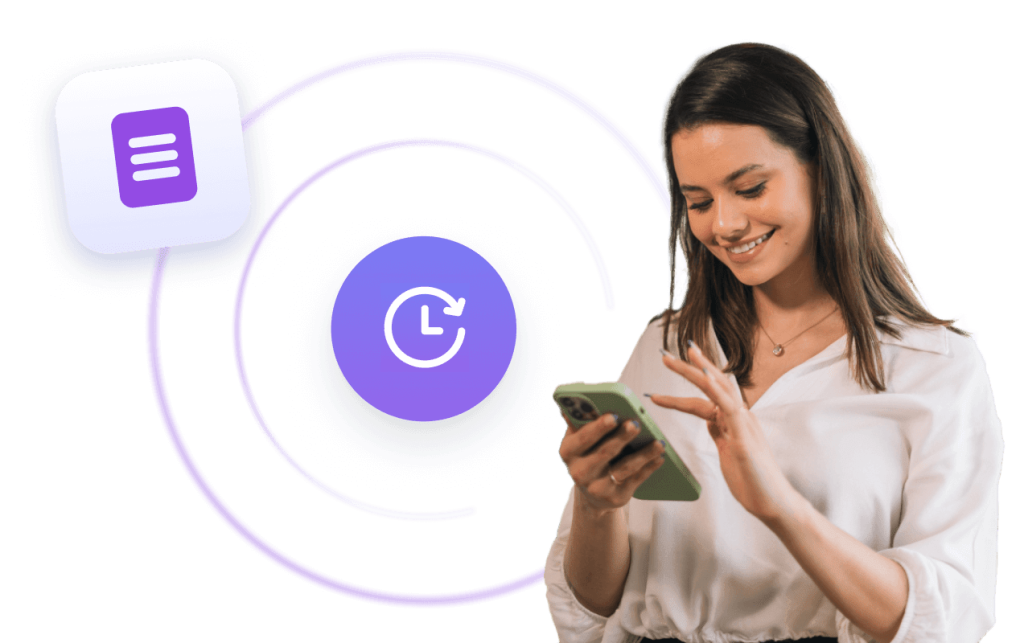 Woman looking at her phone with a time icon in the background.