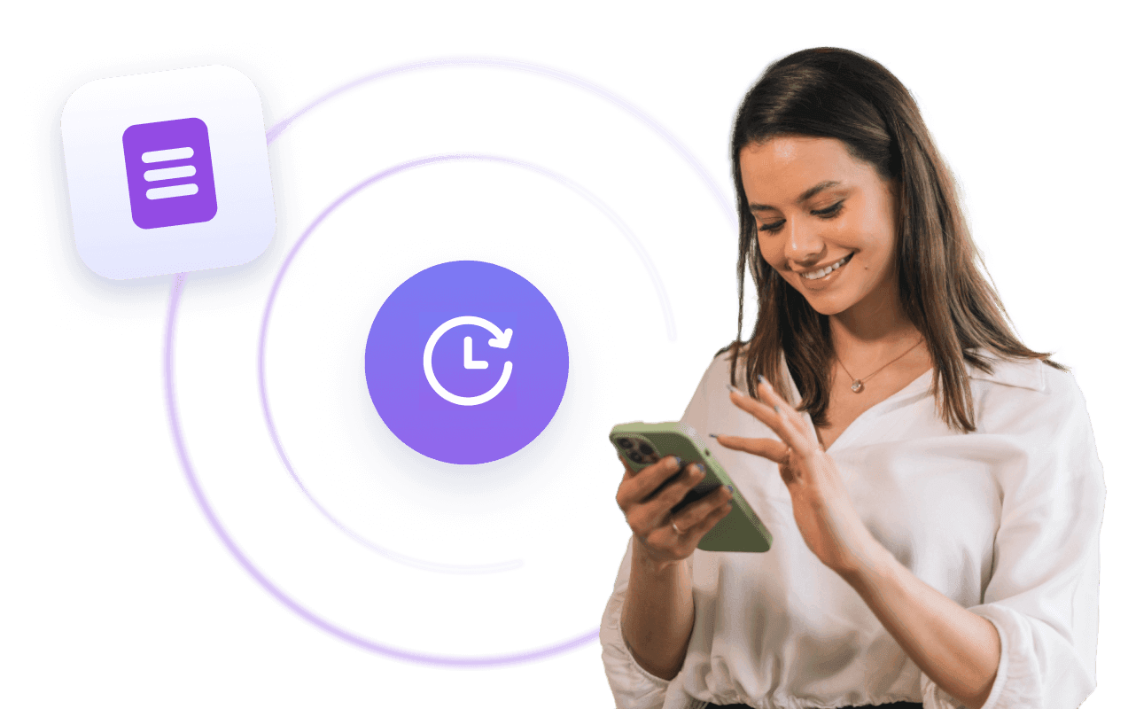 Woman looking at her phone with a time icon in the background.