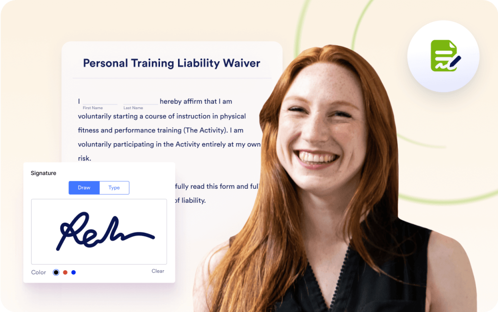 Woman smiling in front of an example waiver document.