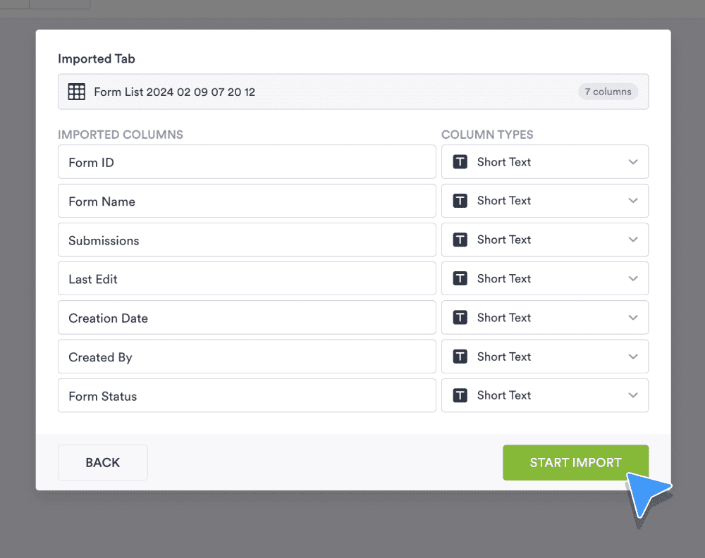 Match the imported data columns with Jotform column types