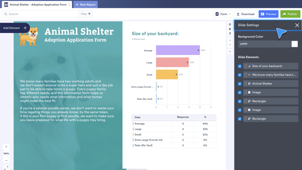 Use the Slide Settings to change the background color and quickly hide or unhide slide elements