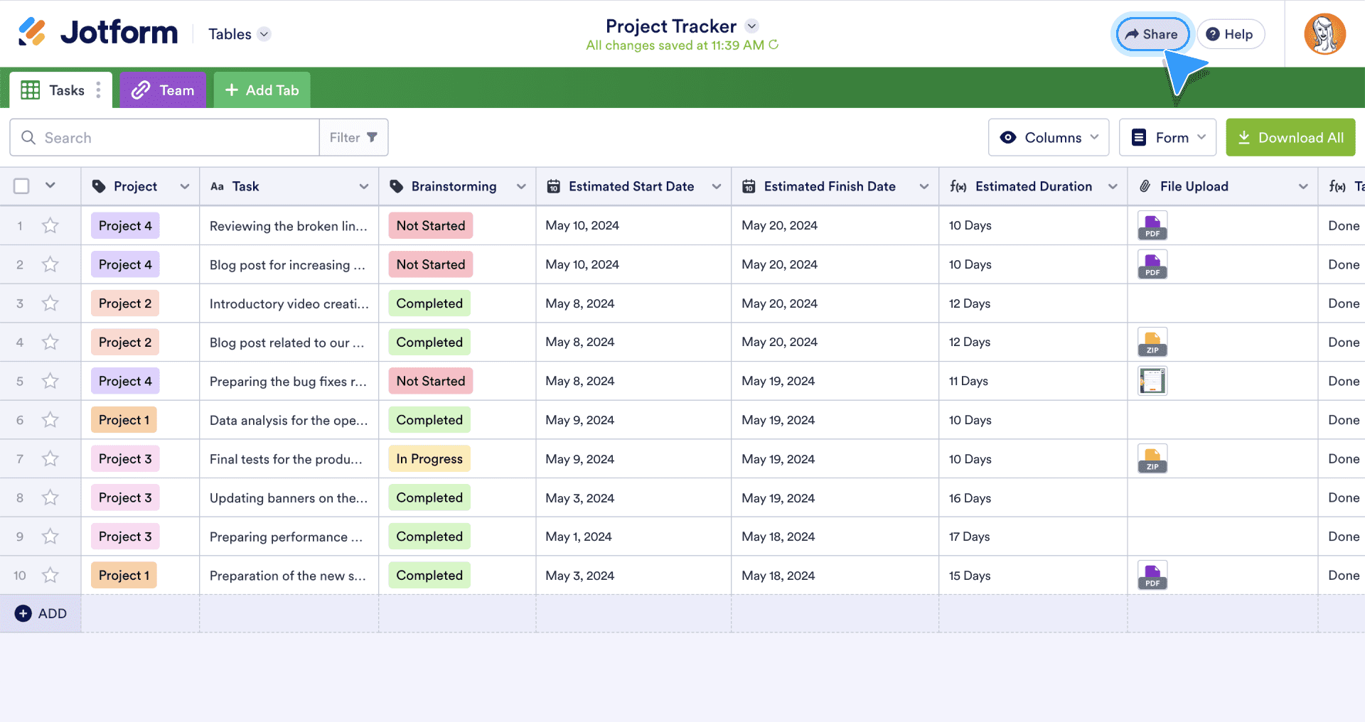 Share options for your table