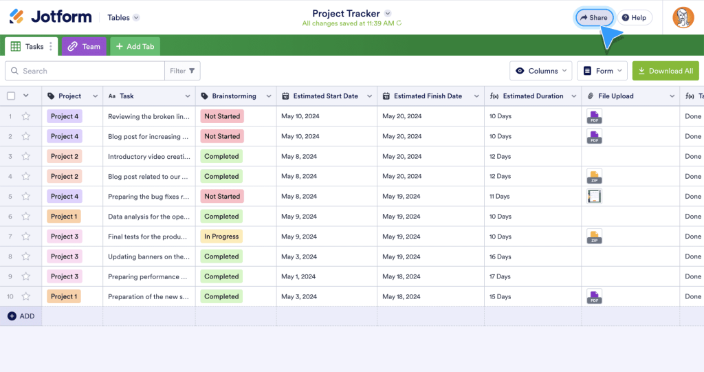 Share options for your table