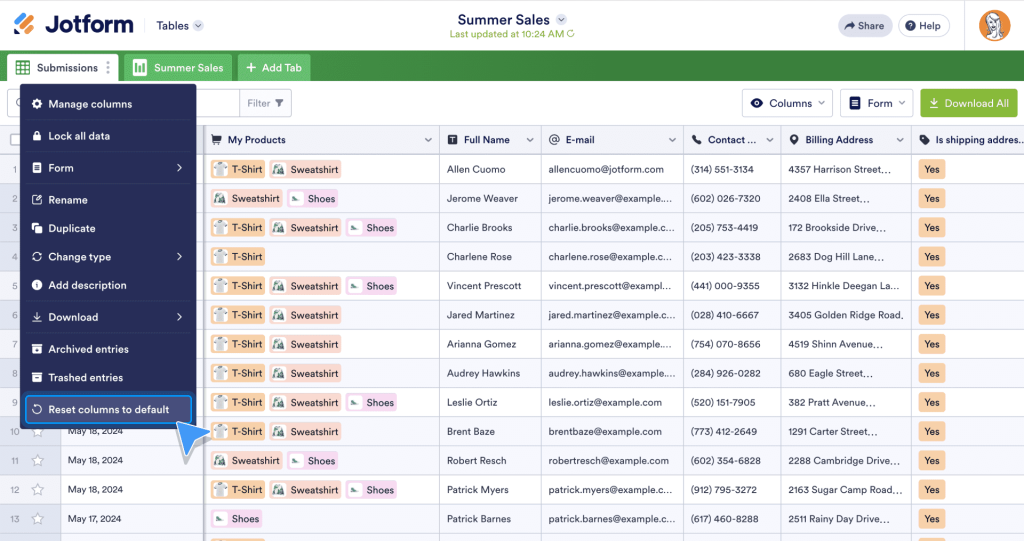 Reset columns to default