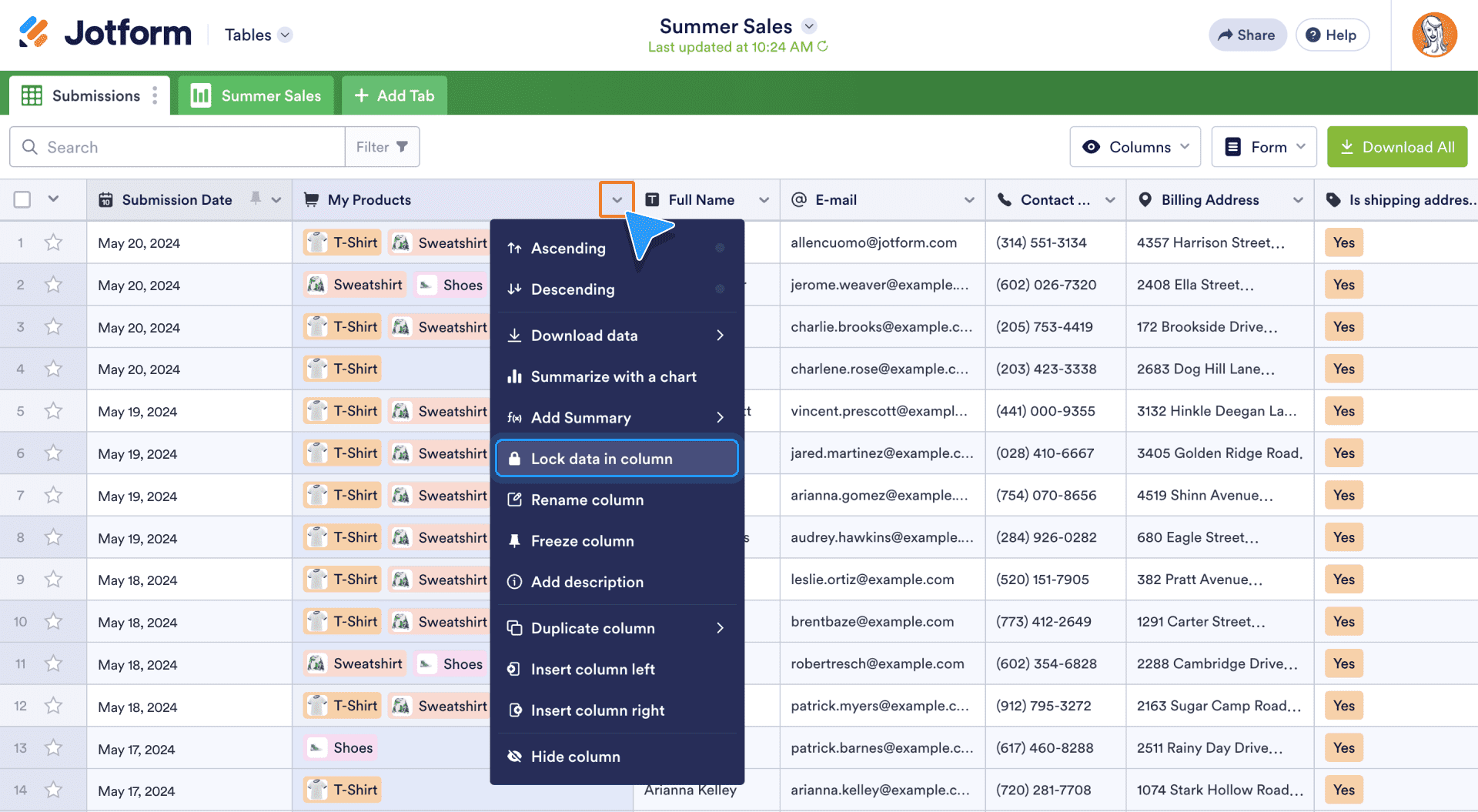 Lock data in column