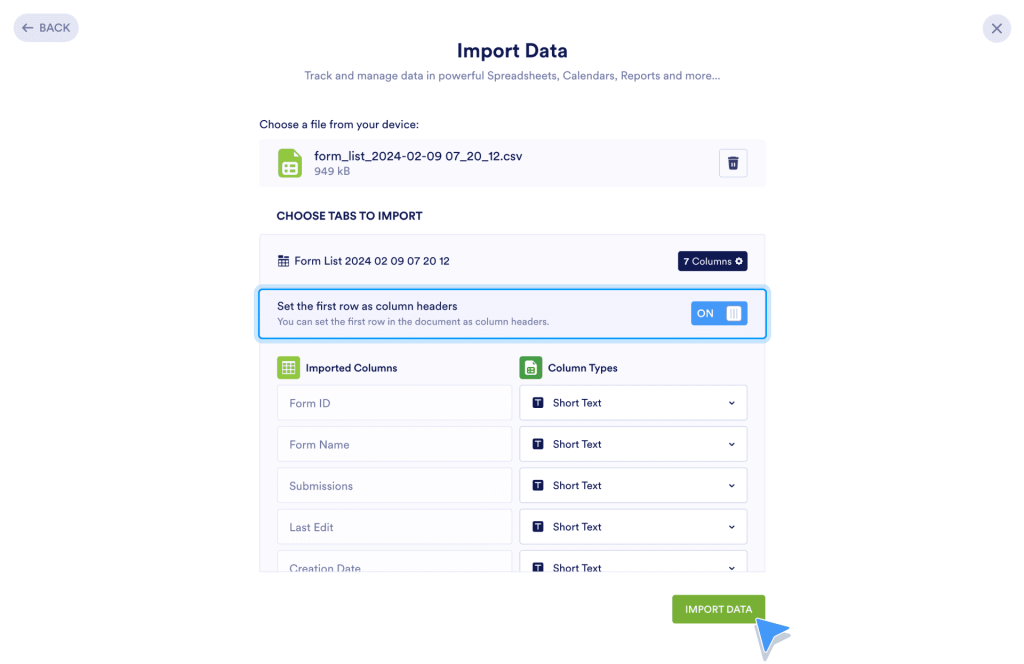 Select the column type for each type of data