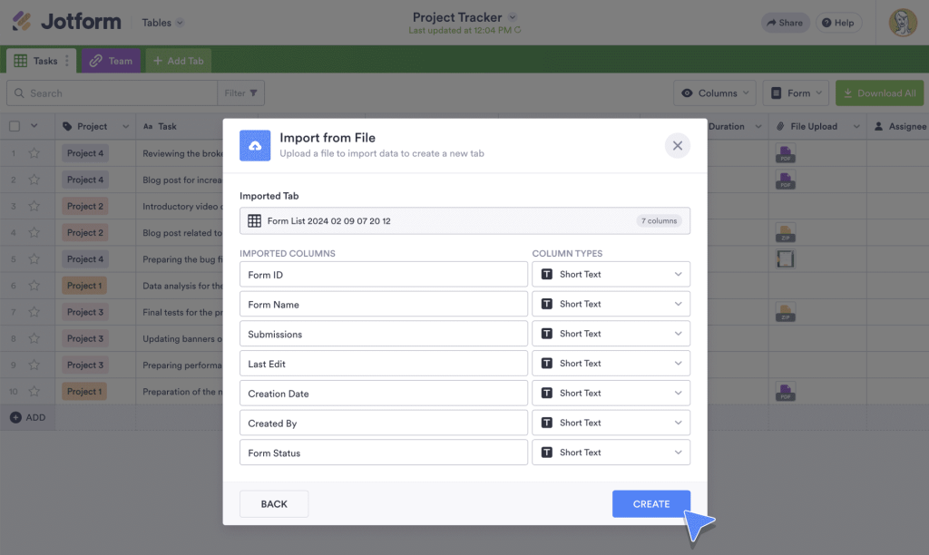 Select the appropriate column types