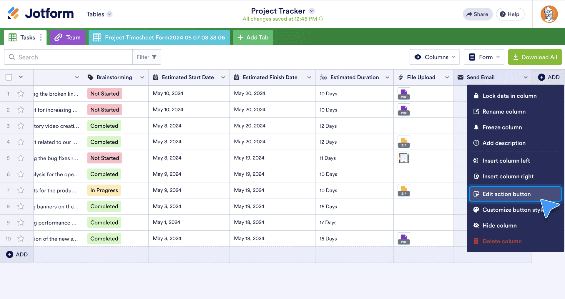 open the dropdown menu at the top of the column