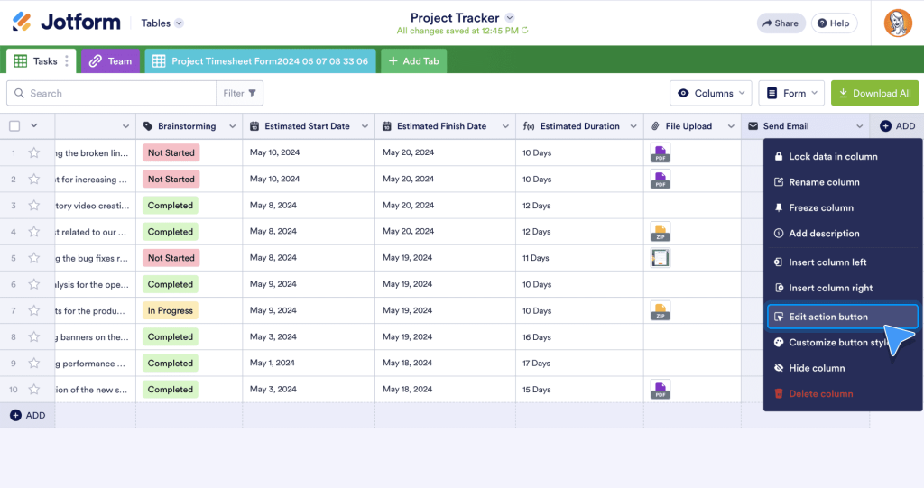 open the dropdown menu at the top of the column
