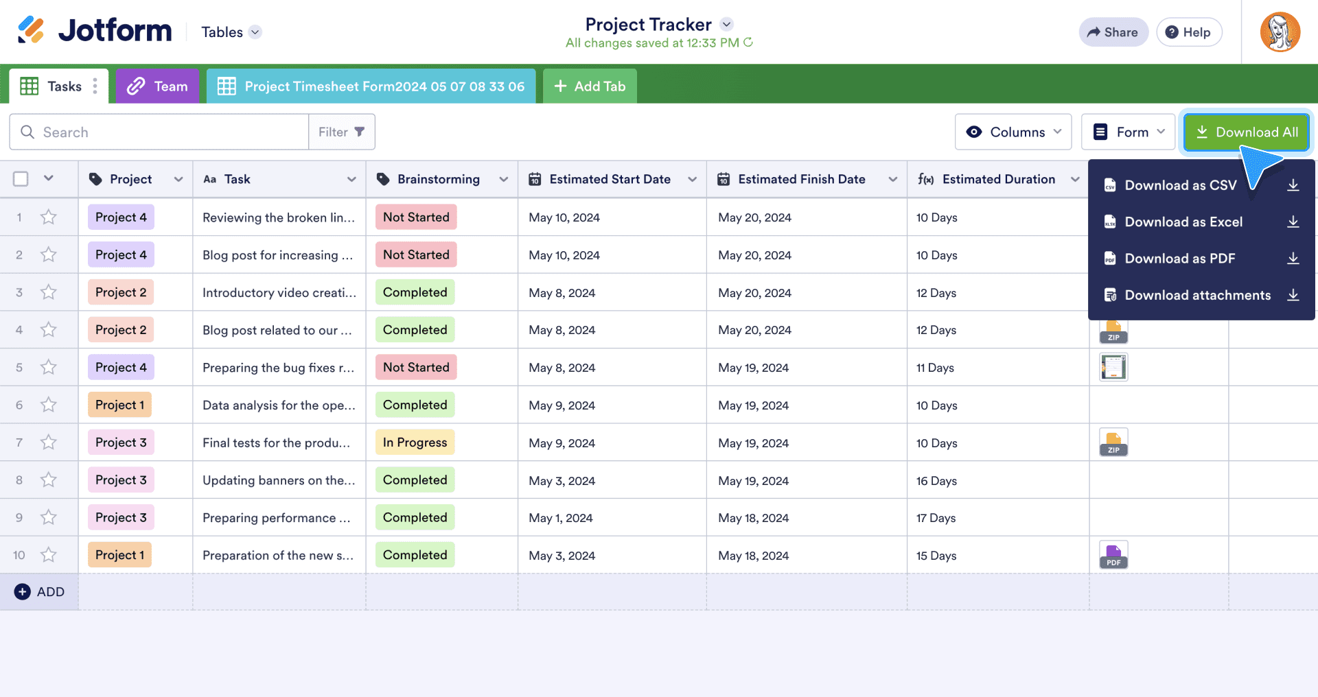 Download table data as an Excel, CSV, or PDF file