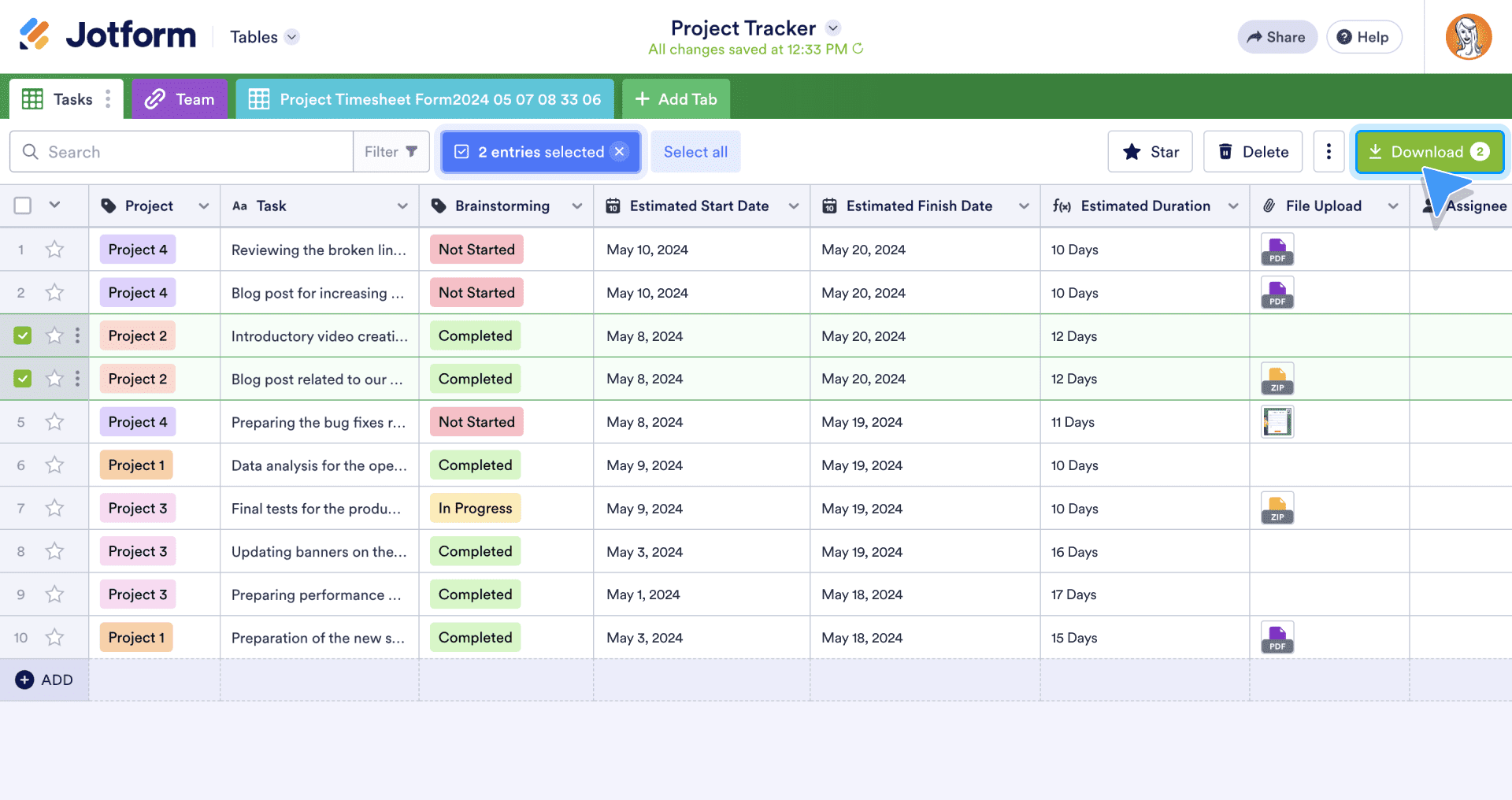 Use the checkboxes on the far left of the table