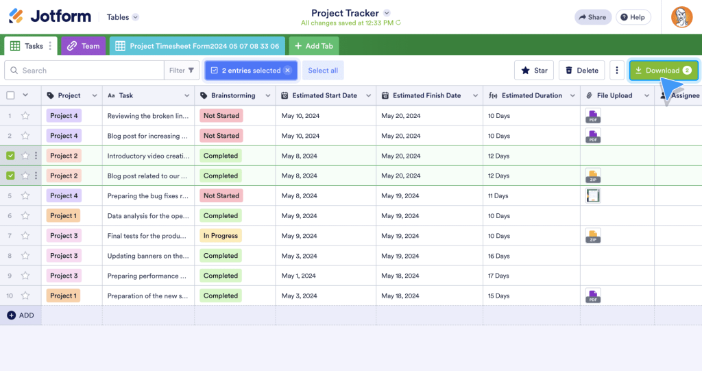 Use the checkboxes on the far left of the table