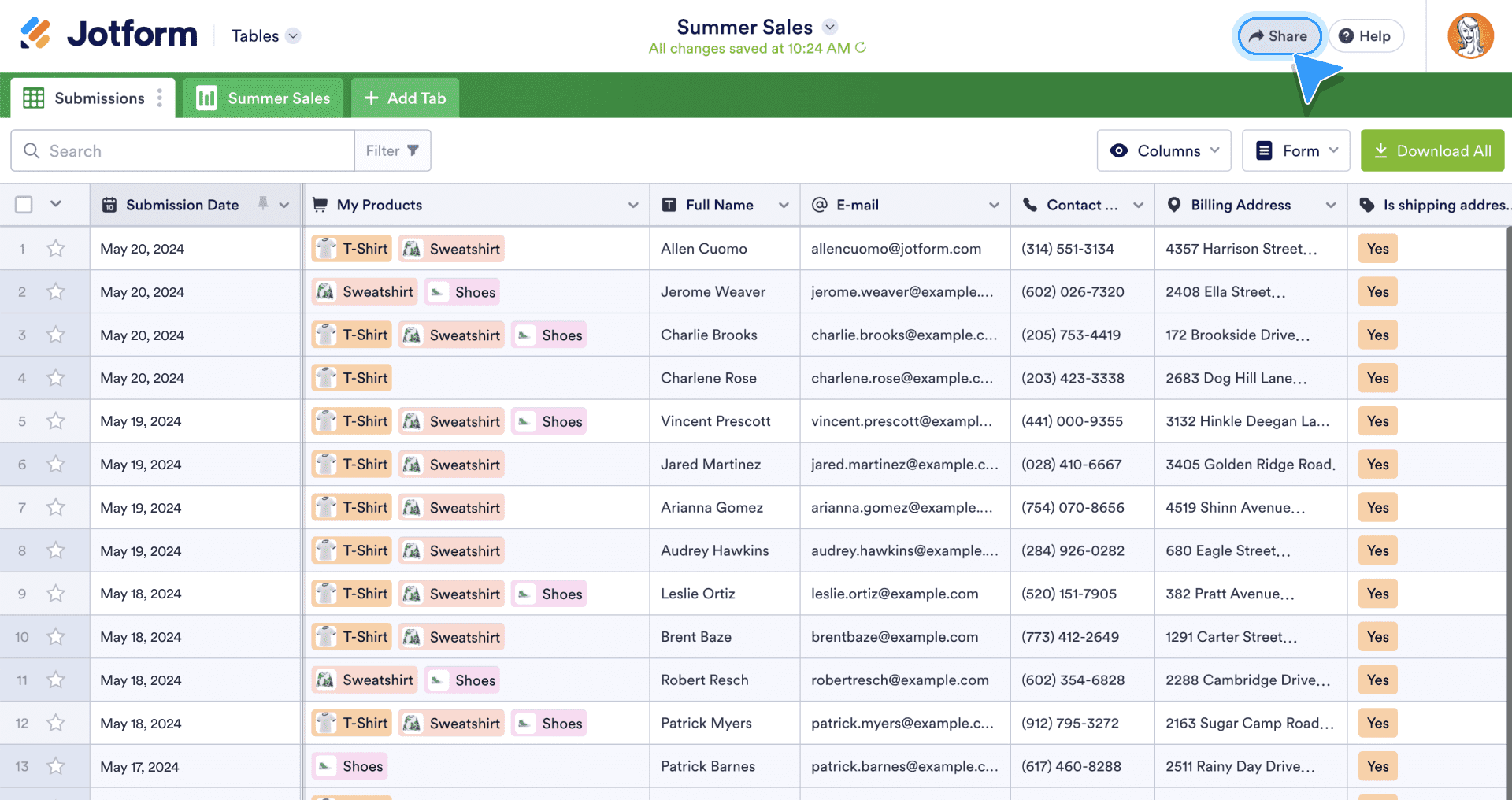 Jform Tables team sharing overview