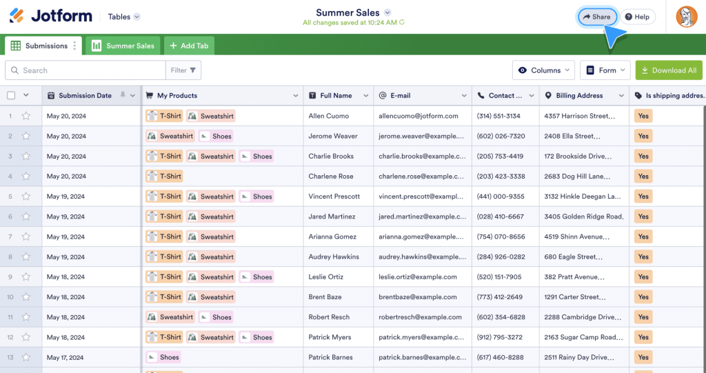 Jotform Tables team sharing overview
