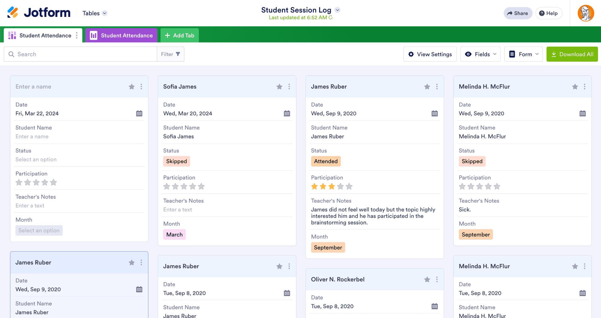 An example of Cards view in Jotform Tables