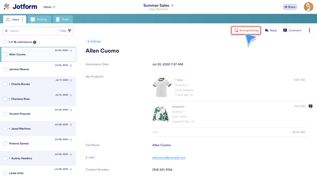 Encrypted form from your inbox