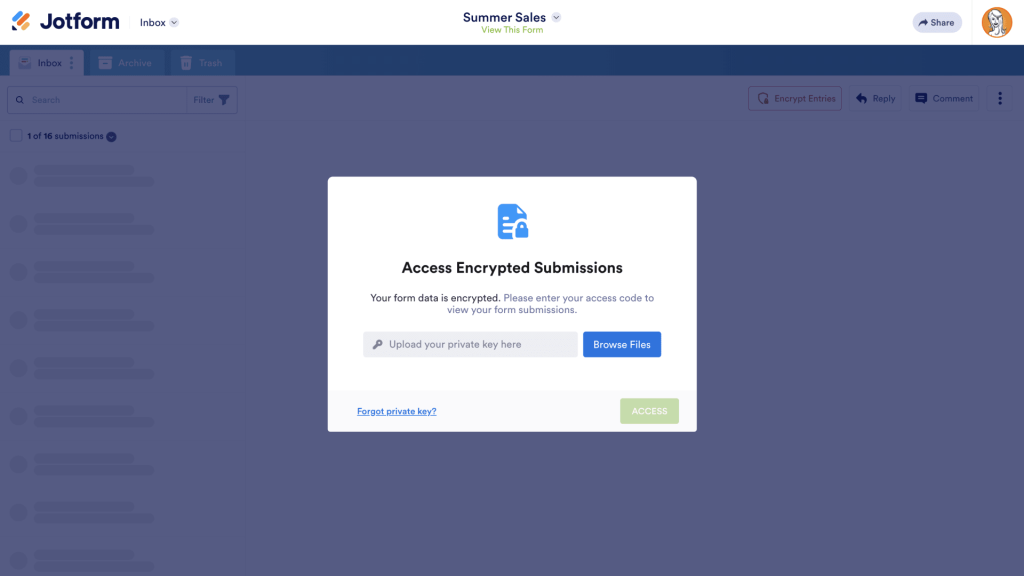 Form encryption modal