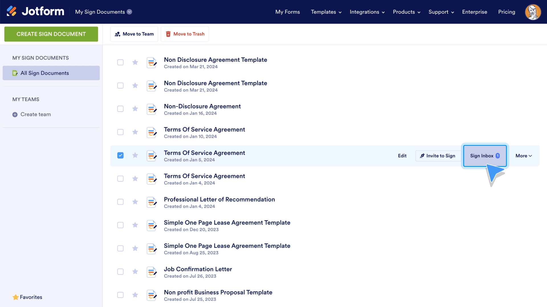 Jotform Sign Inbox