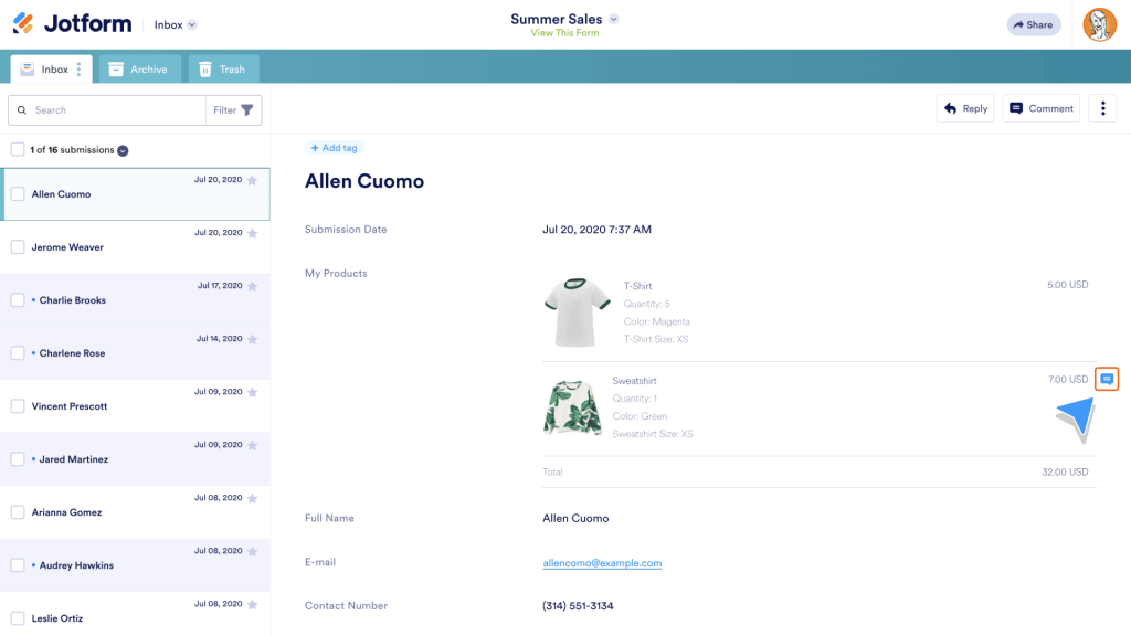 comment on a specific field within a submission