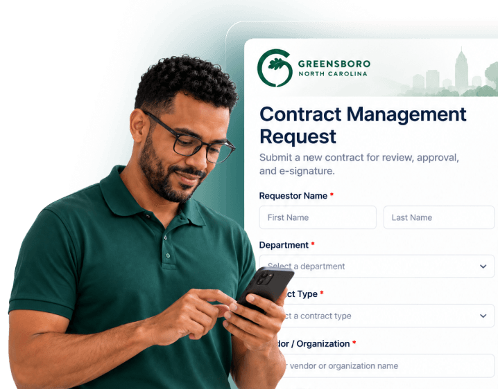 City of Greensboro contract management request form with a resident using a phone