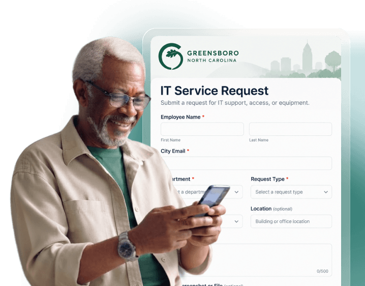 City of Greensboro IT service request form with a resident using a phone