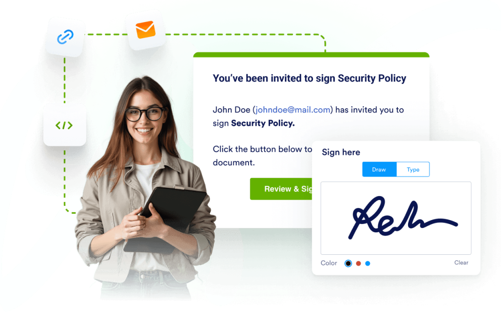 Send signature requests by email, link, or embed