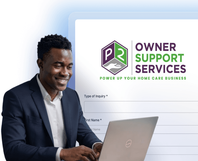 P2 Owner Support Services staff member using a laptop beside a digital care form