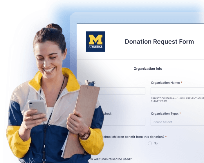 University of Michigan Athletics donation request form and a coach using her phone