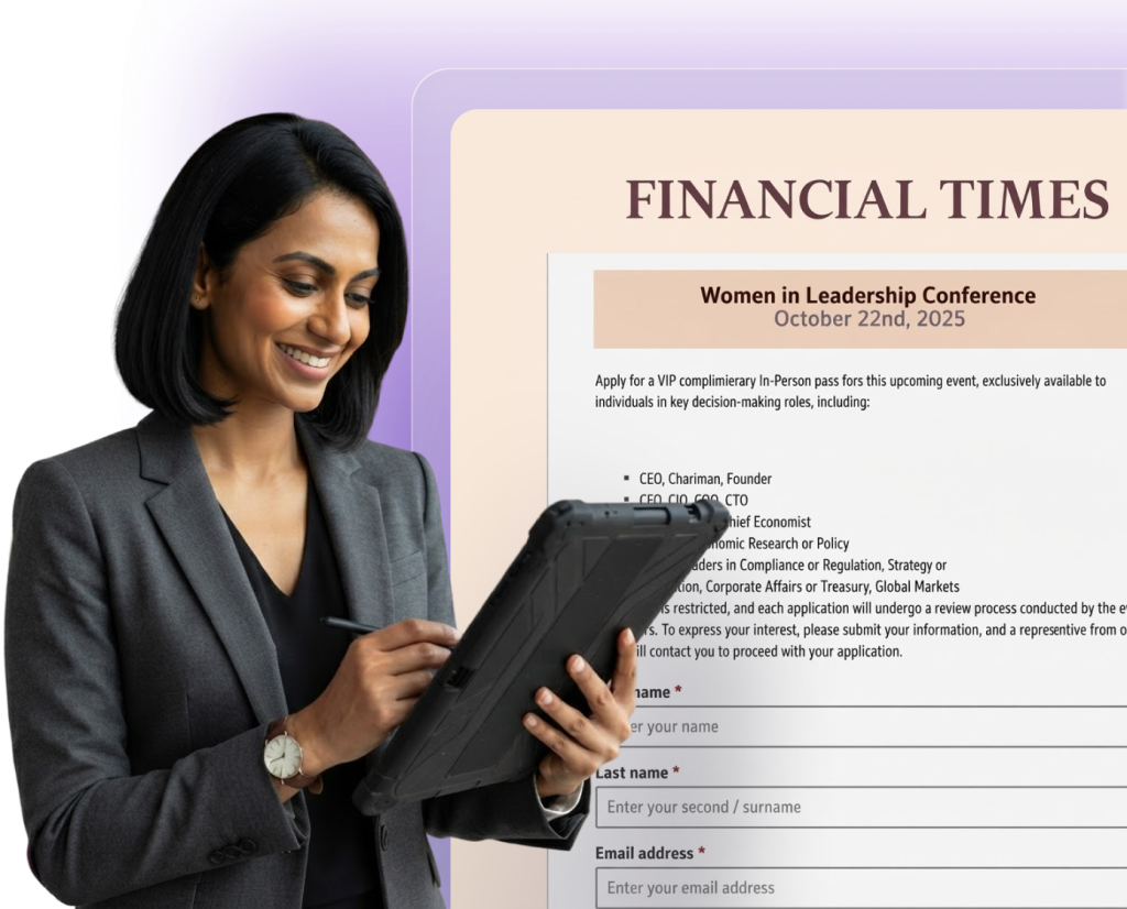 Financial services professional using a tablet beside a Financial Times event application form
