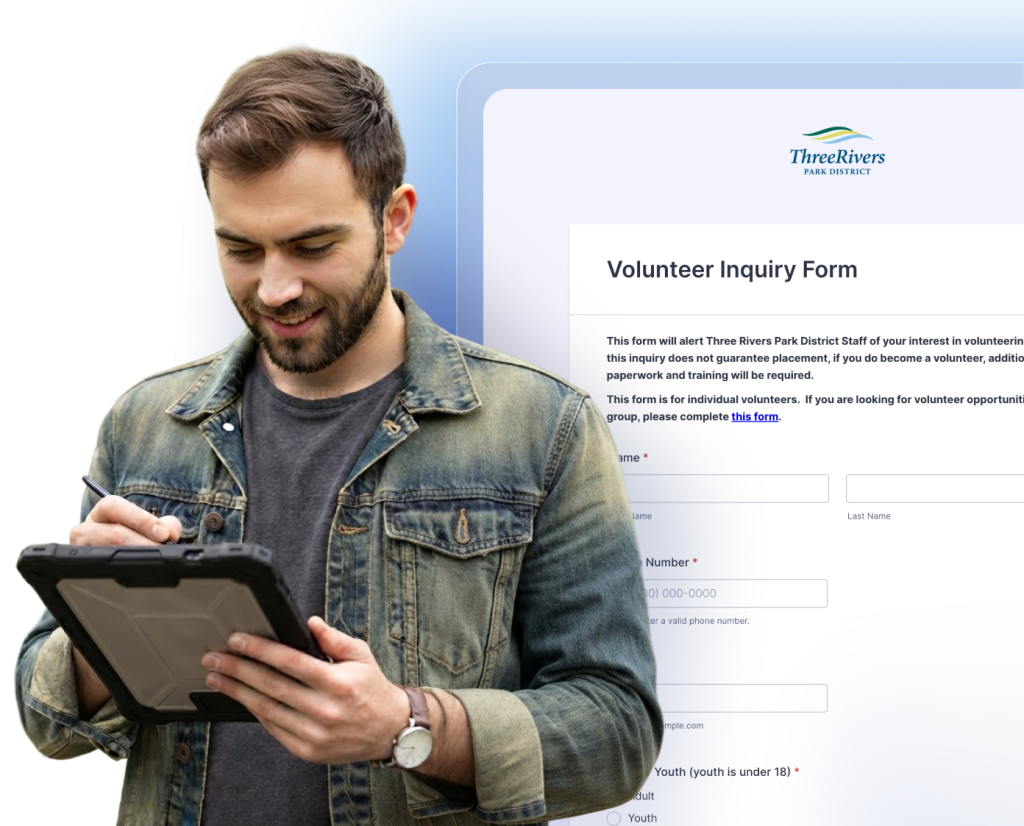 Field service employee using a tablet beside the Three Rivers Park District volunteer inquiry form