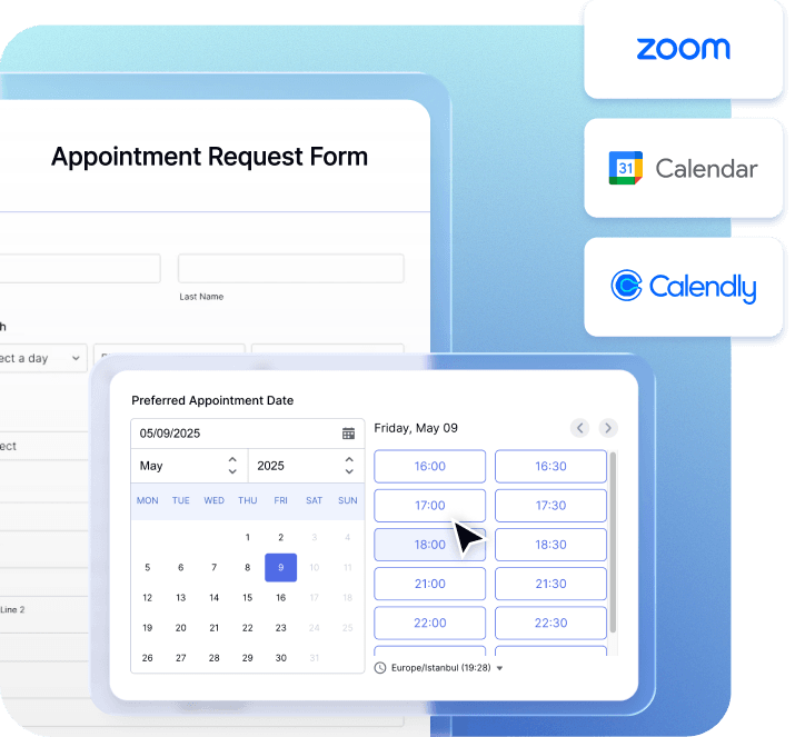 Appointment request form with calendar, Zoom, Google Calendar, and Calendly integrations