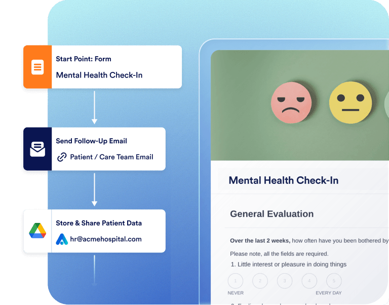 Mental health check-in form with patient follow-up workflow
