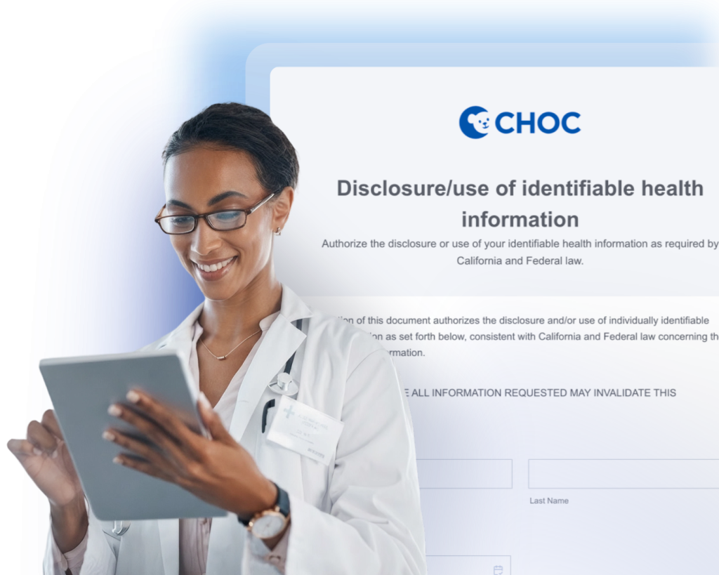 Healthcare professional using a tablet beside a CHOC health information disclosure form