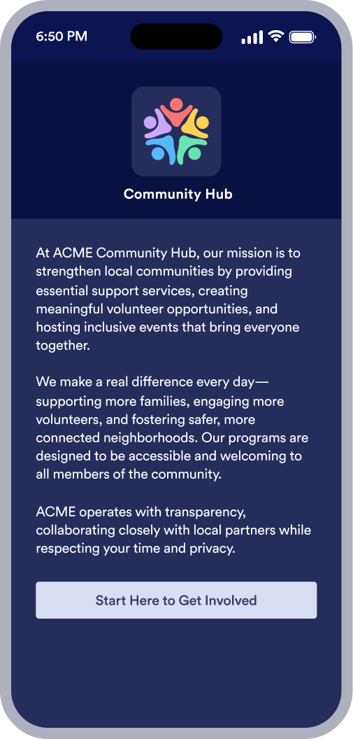 Community Hub welcome page with information about the nonprofit and a get involved button
