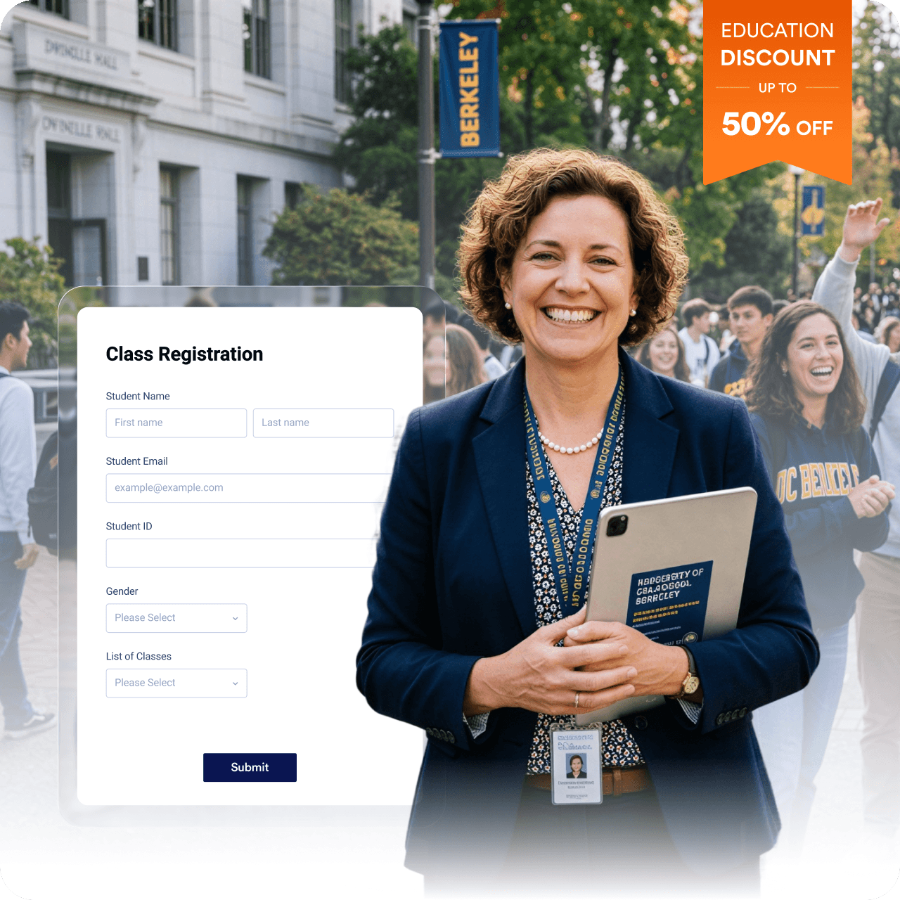 University staff member standing beside an online class registration form on a campus walkway.