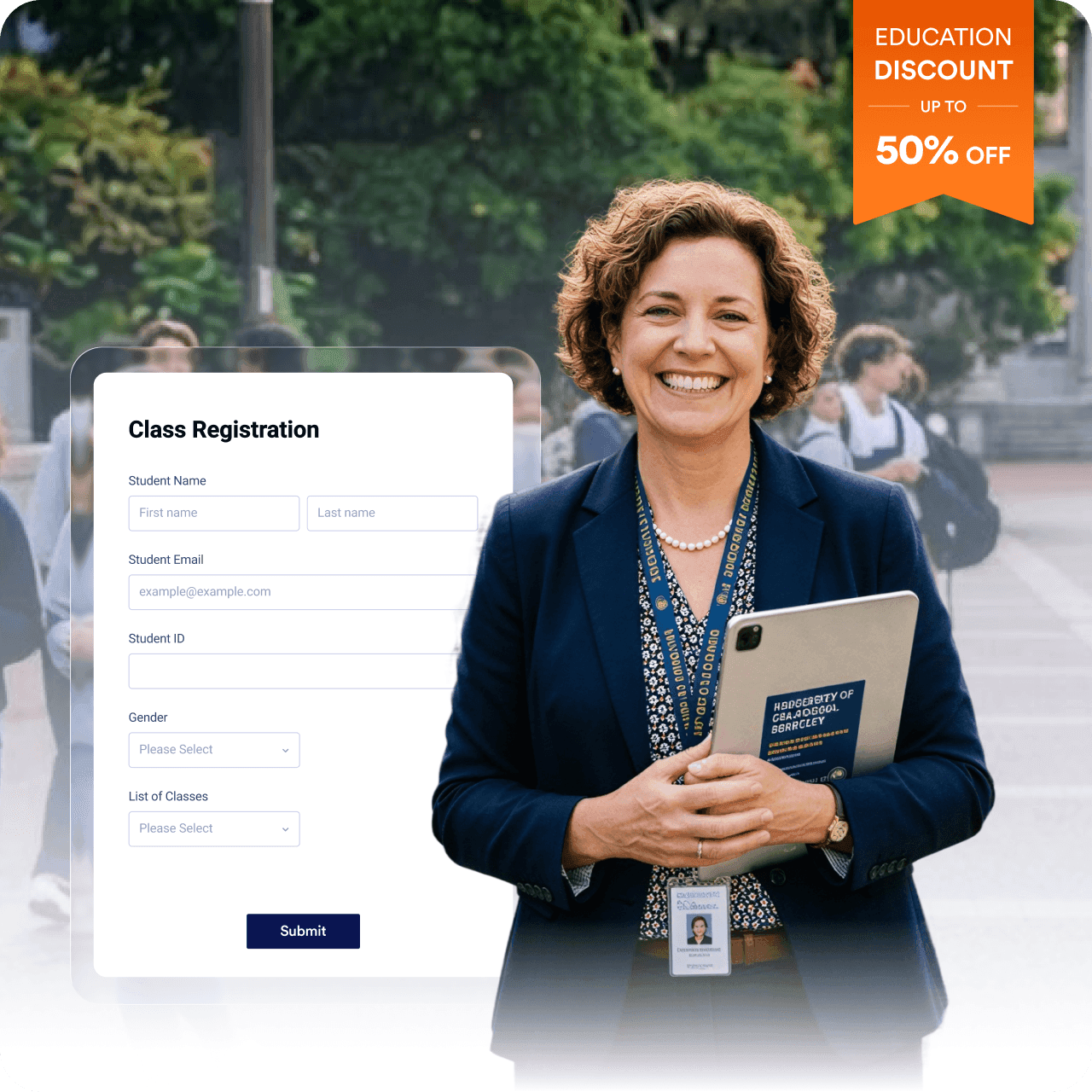 University staff member standing beside an online class registration form on a campus walkway.