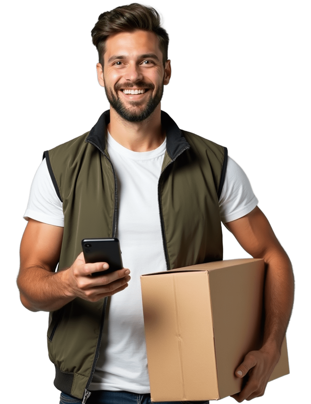 Smiling delivery man holding a cardboard package in one arm and a smartphone in the other.