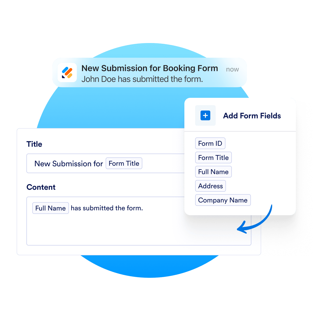 Form submission notification builder showing editable title, content fields, and selectable form field chips.