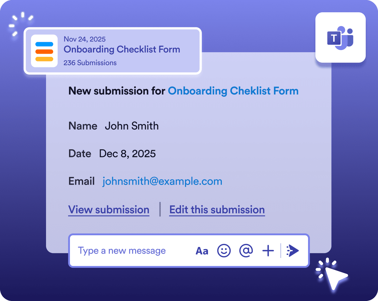 Microsoft Teams message showing a new submission for the Onboarding Checklist Form from John Smith with date and email details.