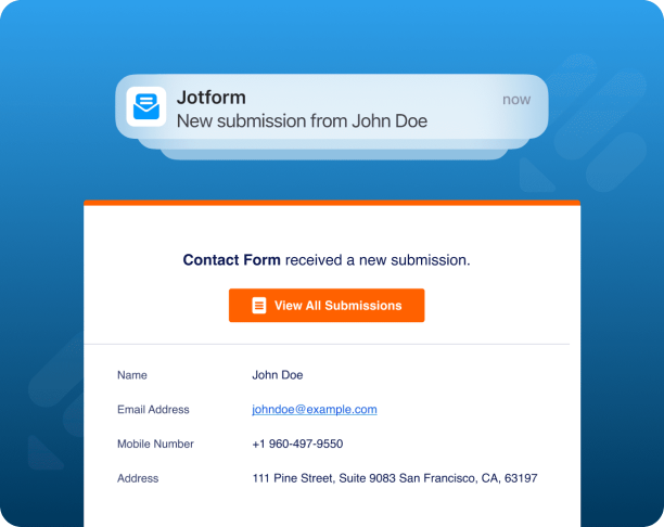 Email notification from Jotform showing a new contact form submission from John Doe with contact details and a ‘View All Submissions’ button.