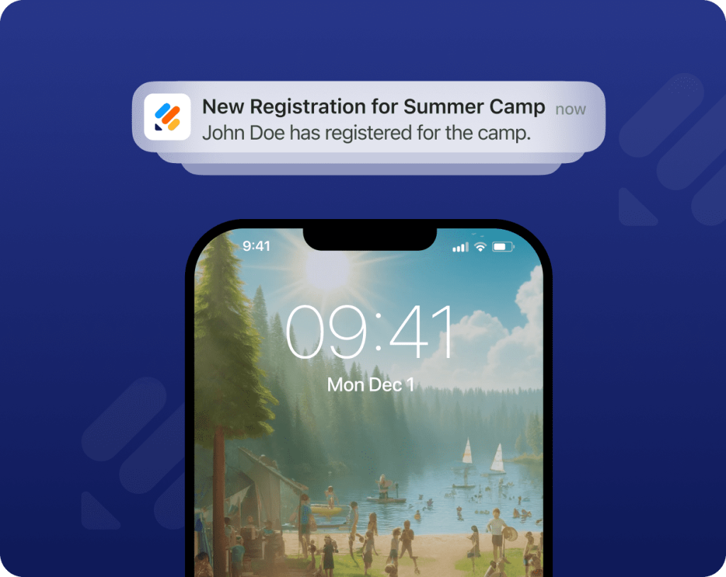 Smartphone lock screen showing a push notification that says ‘New Registration for Summer Camp — John Doe has registered for the camp.’