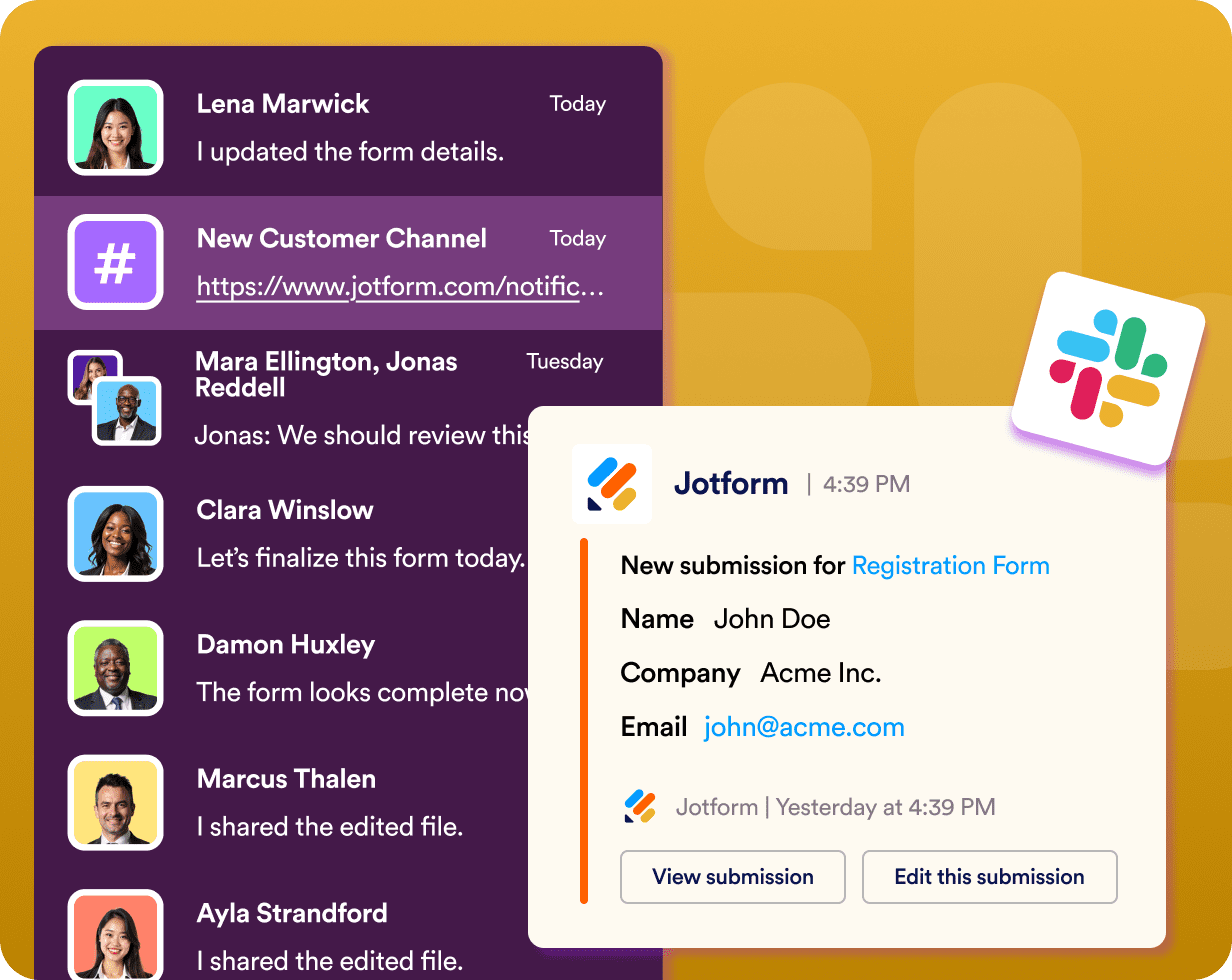 Slack workspace showing a Jotform message with a new submission notification for a registration form, including the sender’s name, company, and email.