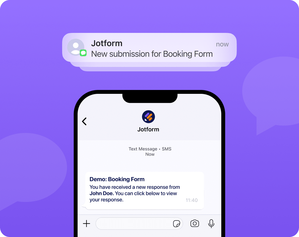 Illustration of a smartphone showing a Jotform SMS alert with the message ‘New submission for Booking Form.’