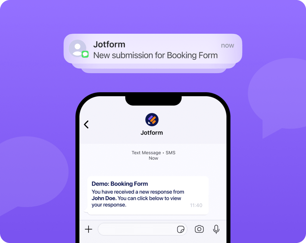 Illustration of a smartphone showing a Jotform SMS alert with the message ‘New submission for Booking Form.’