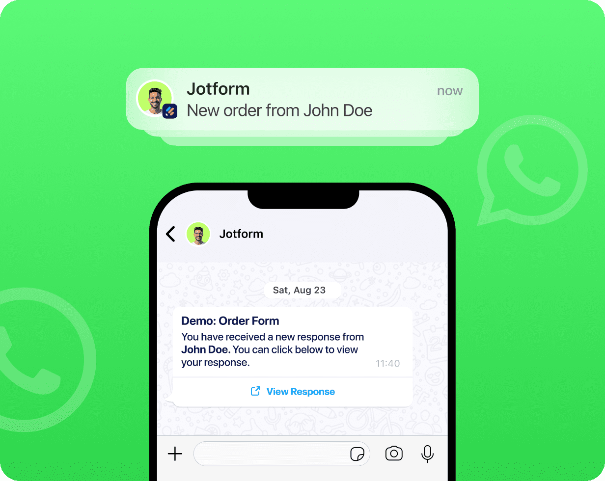 Smartphone screen showing a WhatsApp message from Jotform notifying a new order from John Doe with an amount of $114.