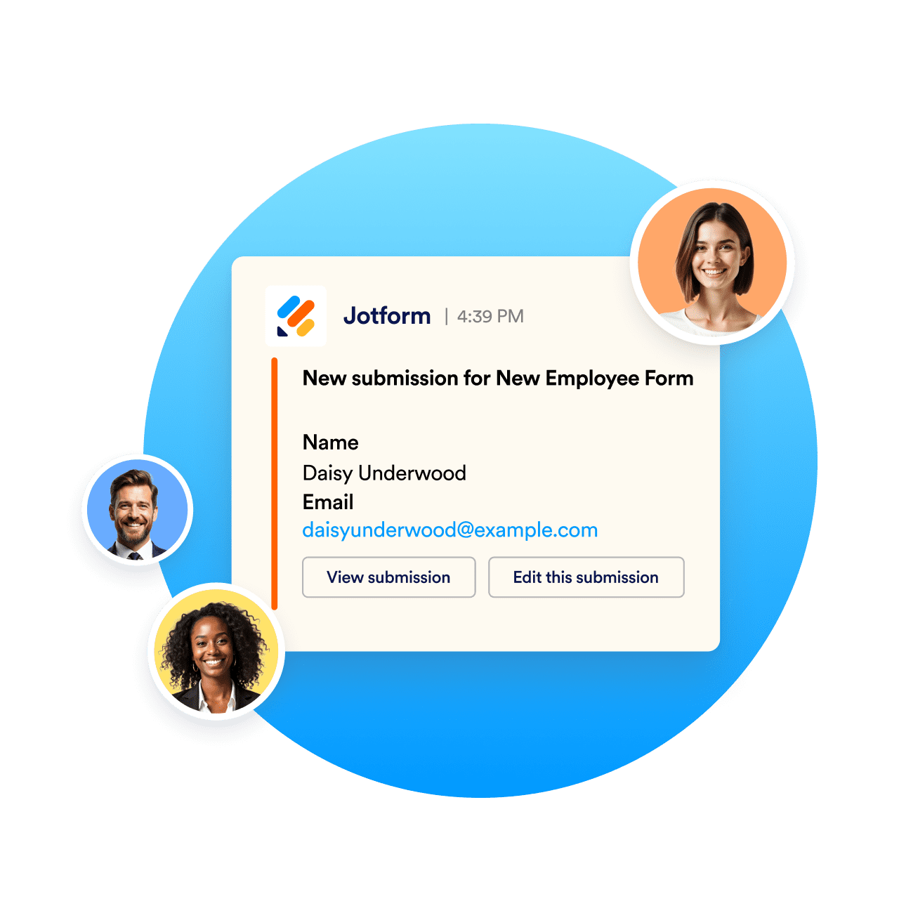 Form submission preview showing employee details with action buttons.