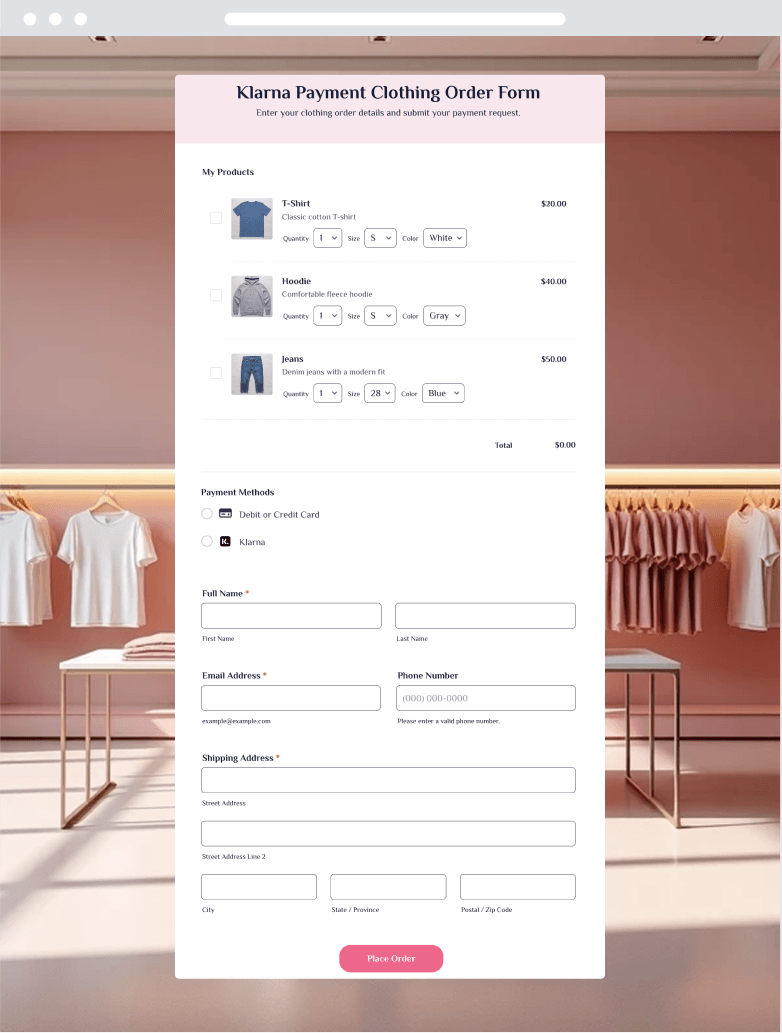 Klarna Payment Clothing Order Form